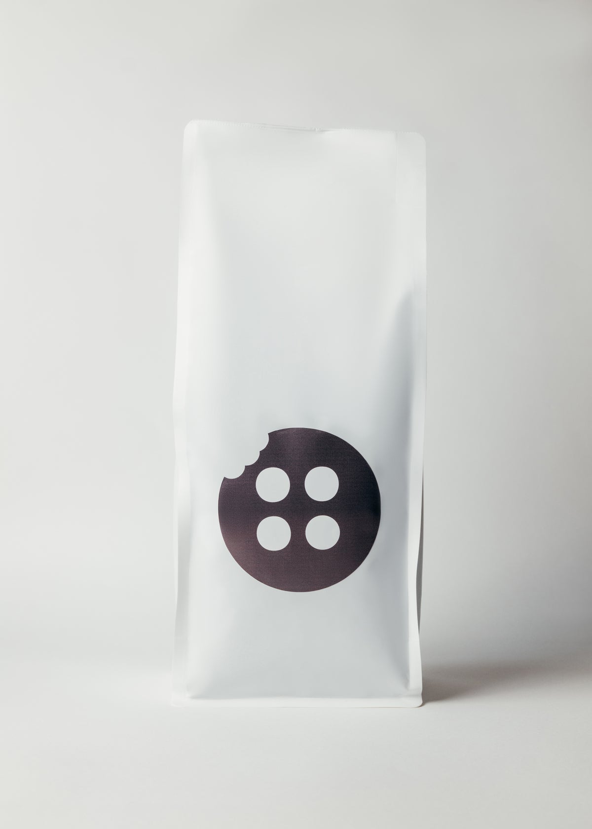 White package with a black logo on a white background