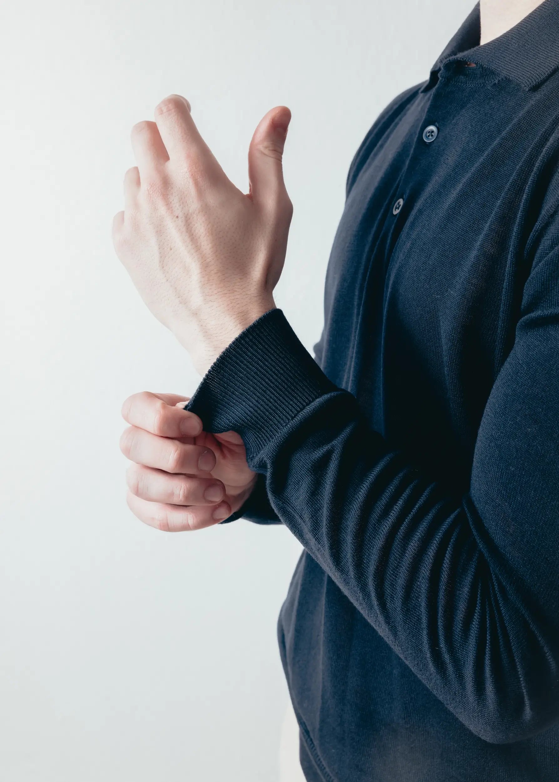Navy Blue Merino Wool Long Sleeve Polo Shirt Mens