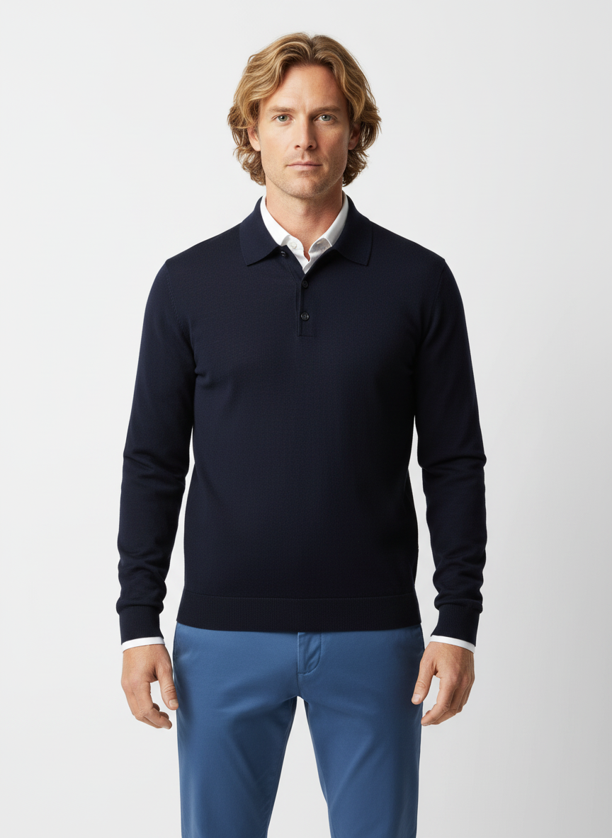Navy Merino Wool Knitted Long Sleeve Polo Shirt