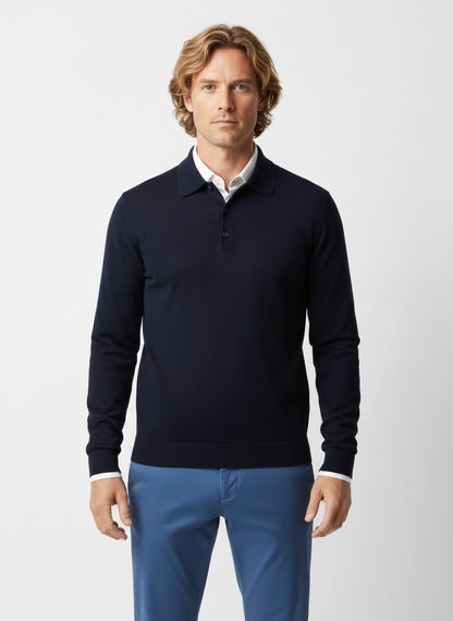 Navy Merino Wool Knitted Long Sleeve Polo Shirt